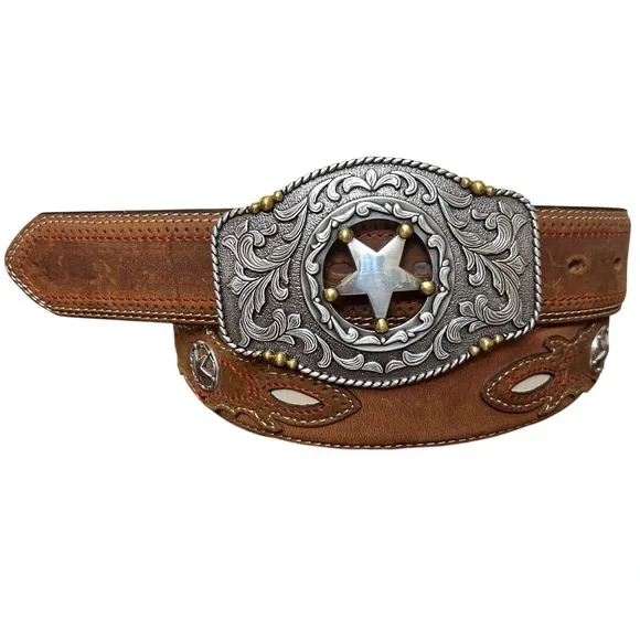 Tony Lama leather belt C41189 brown country western cowboy star cutout buckle - Picture 1 of 9